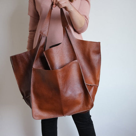 Women's Oversized Leather Tote Bag – Soft Slouchy Shoulder Carry