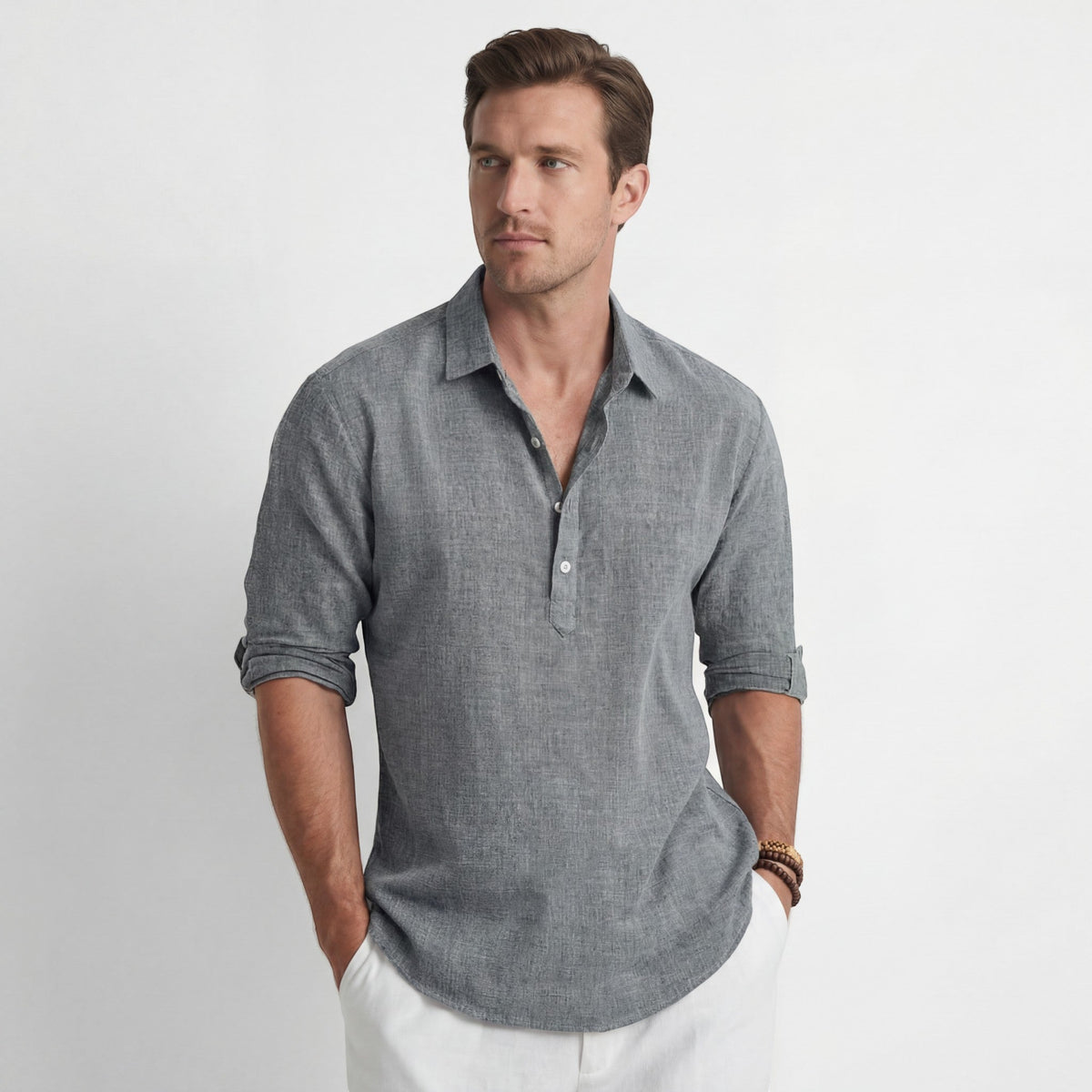 Men's Long Sleeve Shirt – Relaxed Linen-Look Cotton Blend