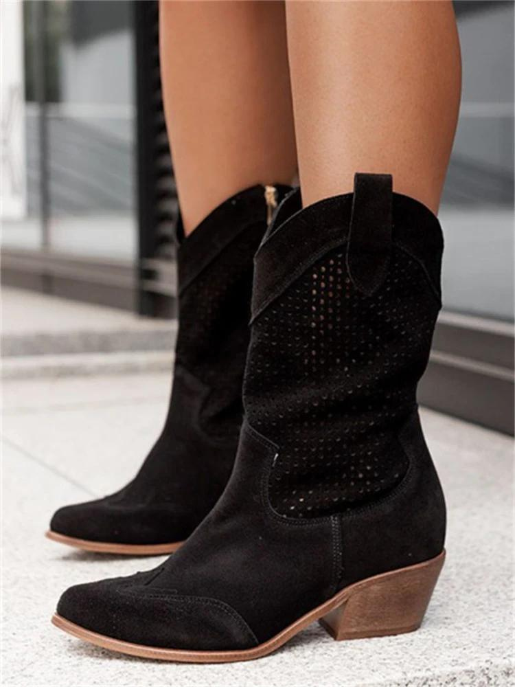 Women's Suede Cowboy Boots – Perforated Block Heel