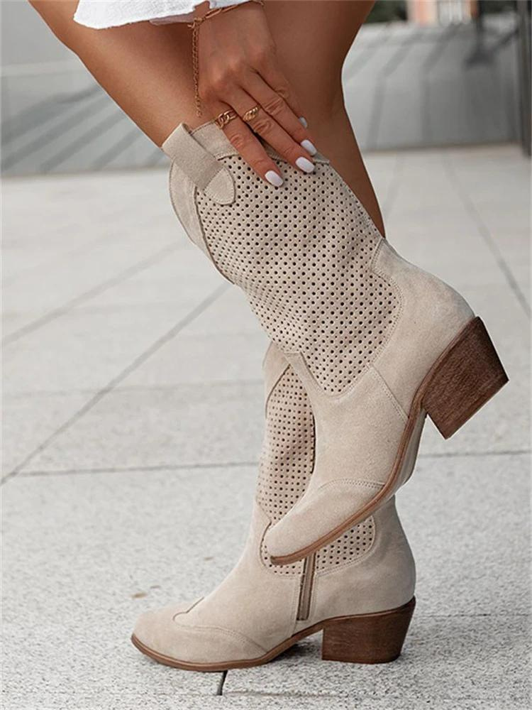 Women's Suede Cowboy Boots – Perforated Block Heel