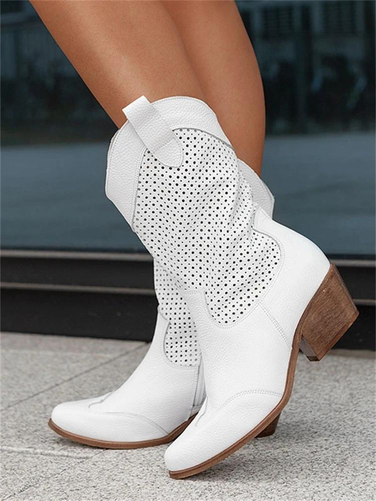 Women's Suede Cowboy Boots – Perforated Block Heel