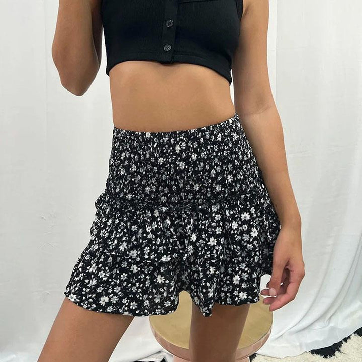 Women's Paisley Mini Skirt – Tiered Ruffles, Elastic Waist