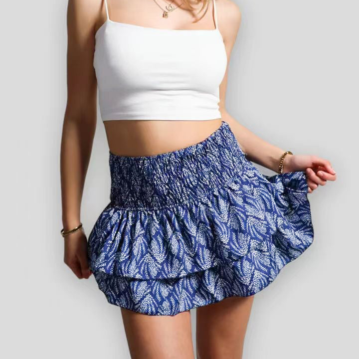 Women's Paisley Mini Skirt – Tiered Ruffles, Elastic Waist