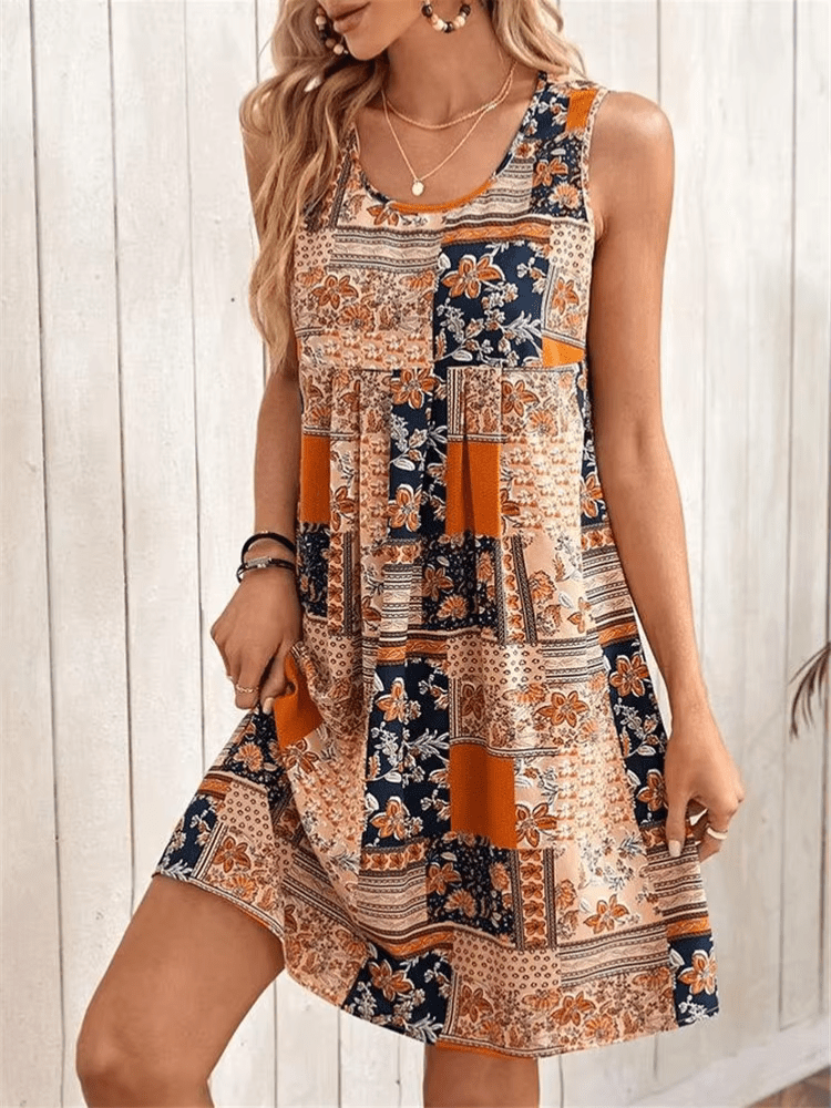 Women's Patchwork Mini Dress – Sleeveless Relaxed Fit