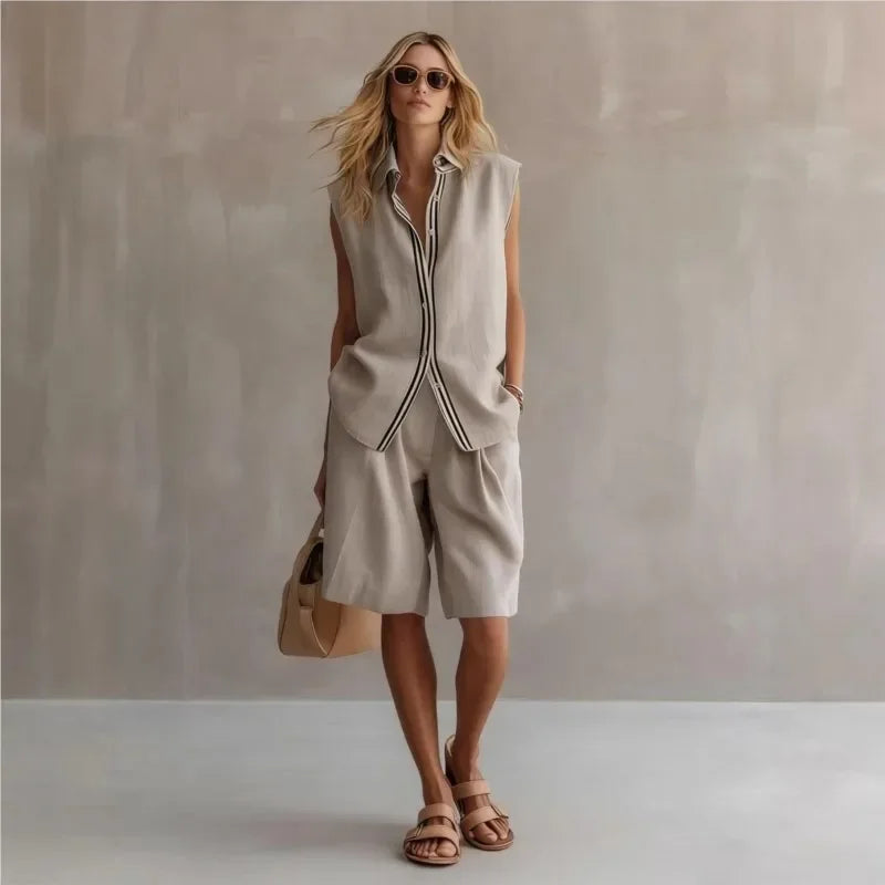 Women's Linen Two-Piece Set – Sleeveless Relaxed Fit