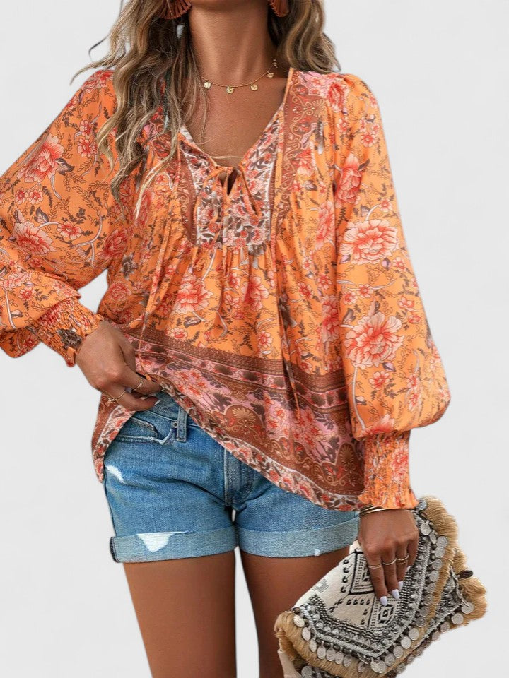 Women's Floral Peasant Top – Gathered V-Neck