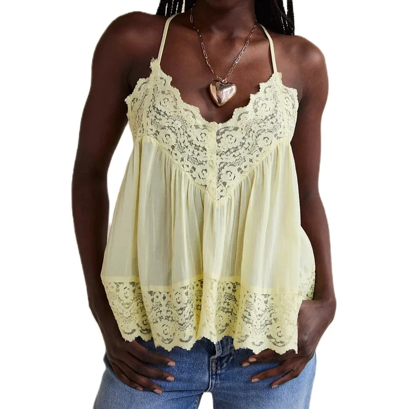 Women's Lace-Trim Cami Top – Sheer Cotton Drape