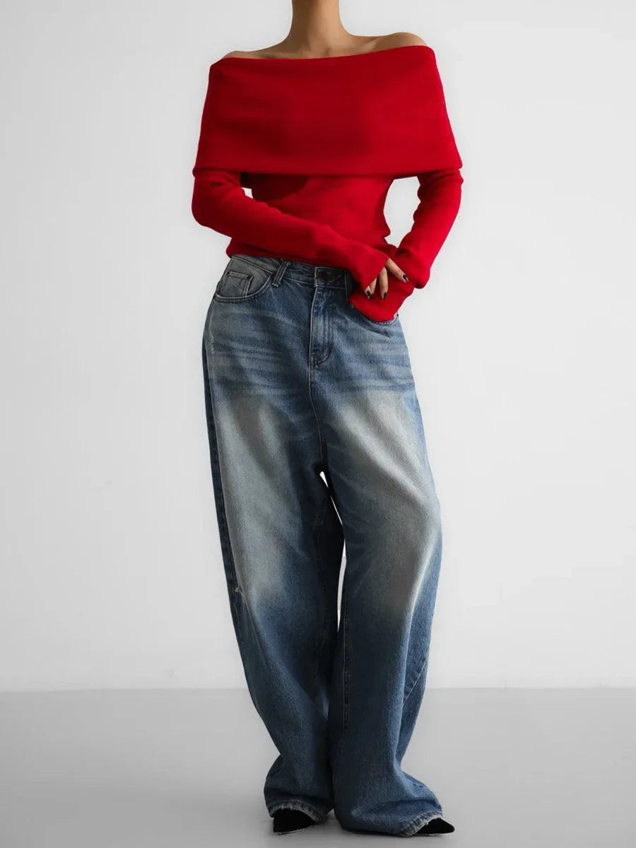 Women's Off-Shoulder Sweater – Slim Hand-Knit Texture