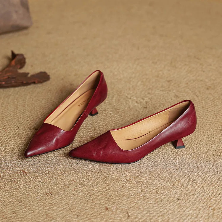 Women's Leather Kitten Heel Pumps – Pointed Toe