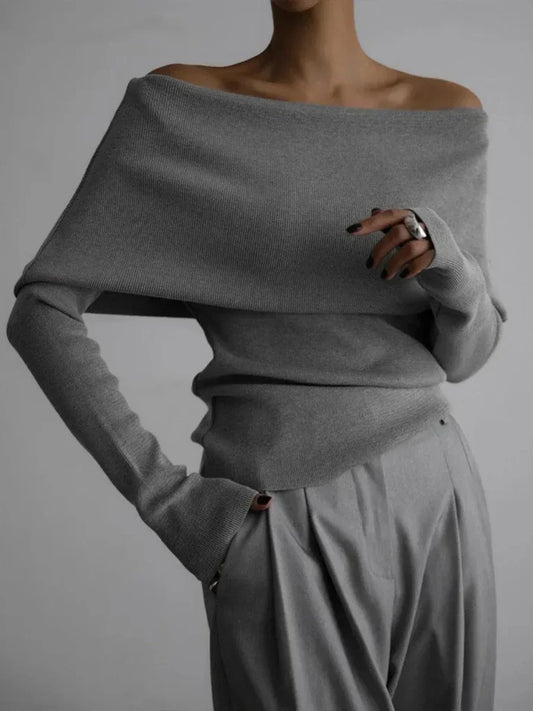 Women's Off-Shoulder Sweater – Slim Hand-Knit Texture