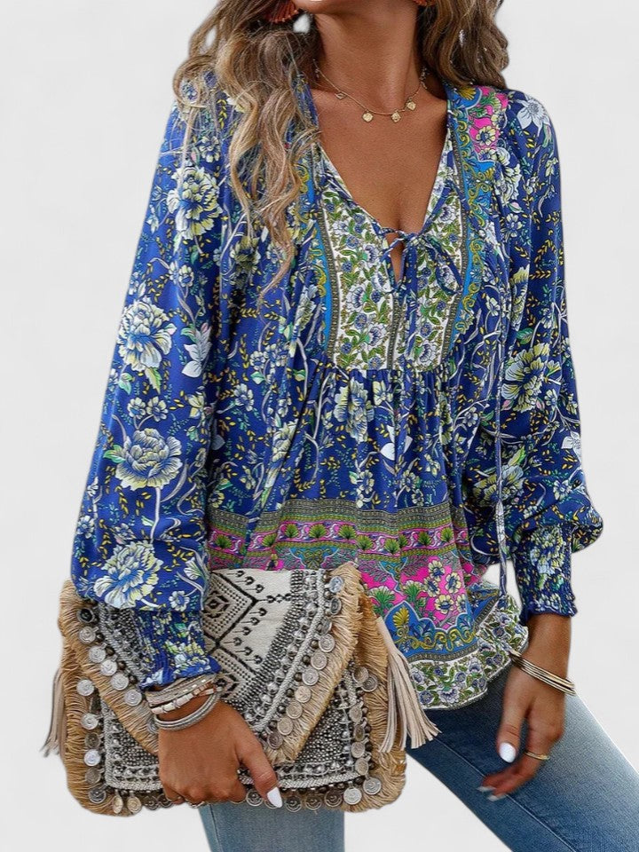 Women's Floral Peasant Top – Gathered V-Neck