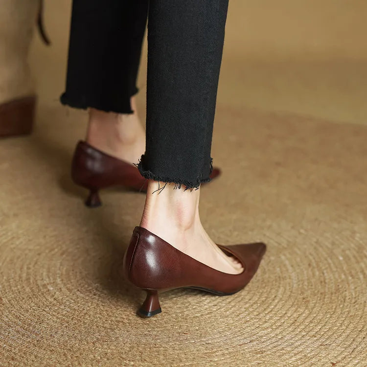 Women's Leather Kitten Heel Pumps – Pointed Toe