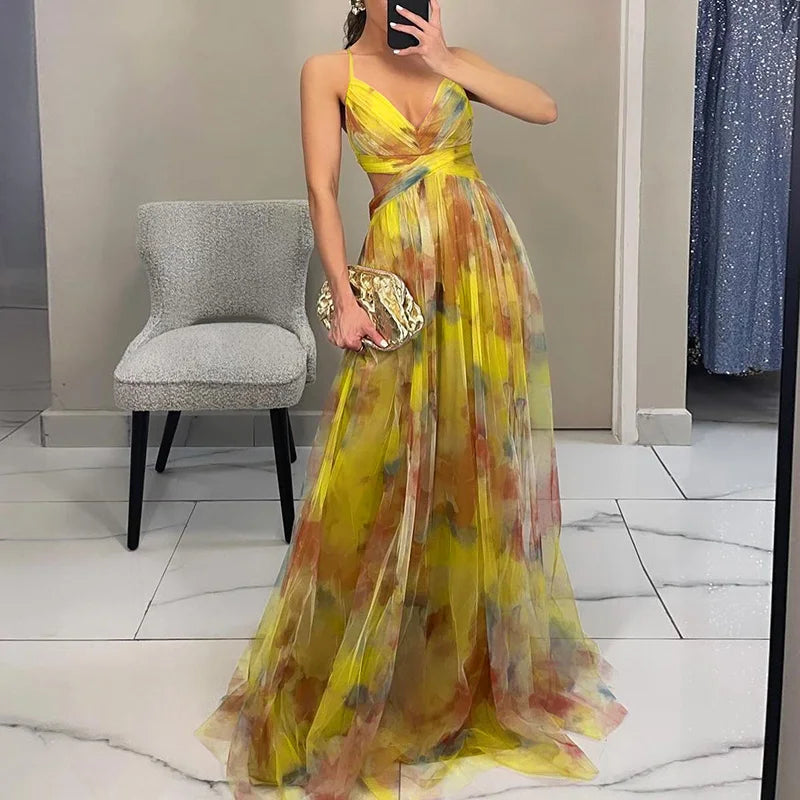 Women's Floral Mesh Maxi Dress – Fitted Bodice Tiered Skirt