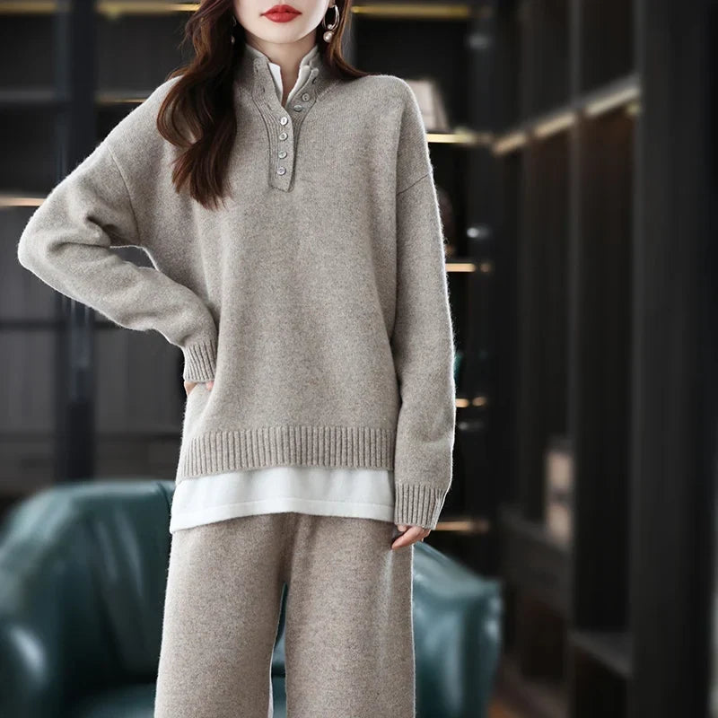 Women's Cashmere Knit Lounge Set – Pullover and Wide-Leg Pants