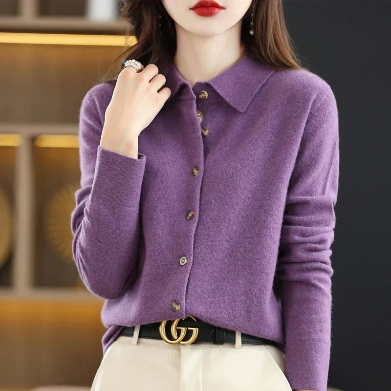 Women's Polo Collar Cardigan – Wool-Blend Button Front