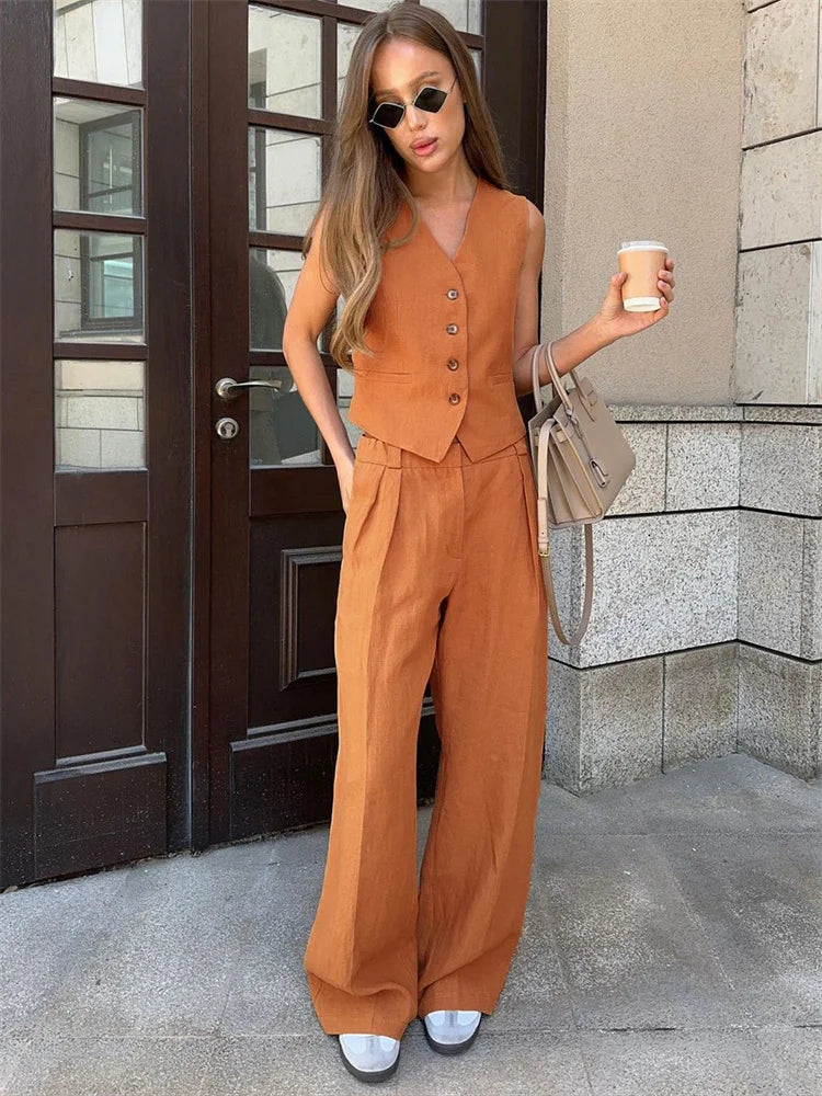 Women's Linen Vest and Pants Set – Wide-Leg Pleated