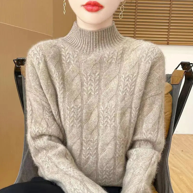 Women's Cable Knit Sweater – Half-High Collar