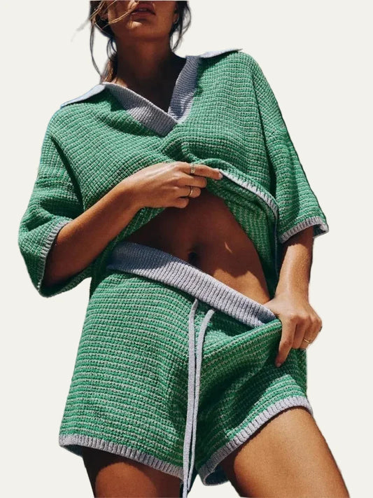 Women's Knit Two-Piece Set – V-Neck Top & Shorts