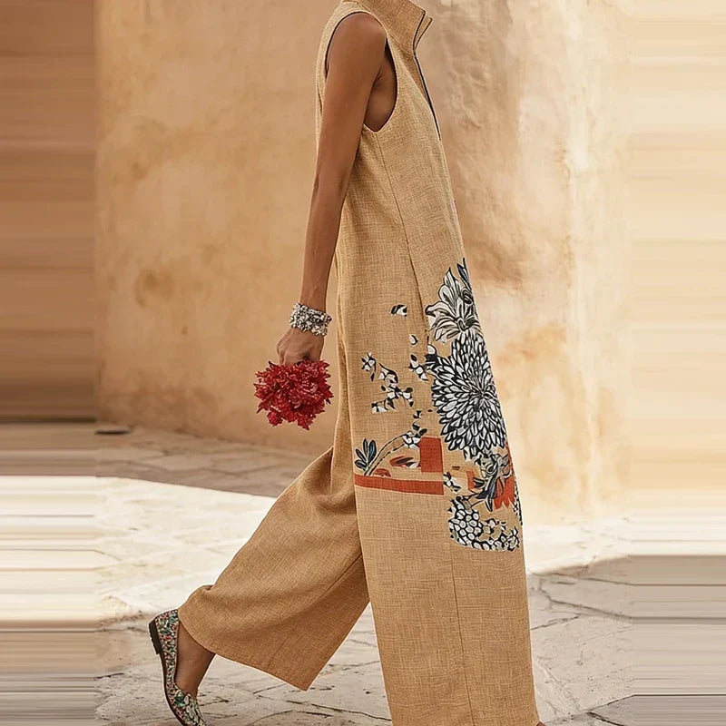 Women's Floral Wide-Leg Jumpsuit – Sleeveless Stand Collar