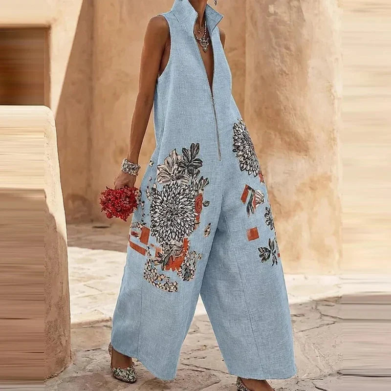 Women's Floral Wide-Leg Jumpsuit – Sleeveless Stand Collar