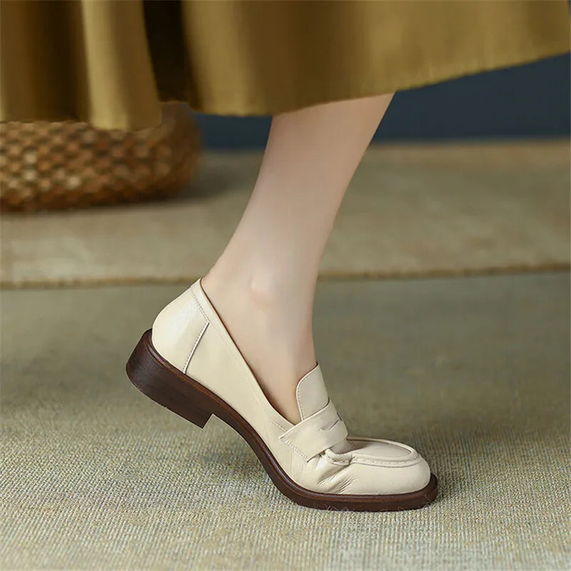 Women's Leather Loafer – Round Toe Stacked Heel