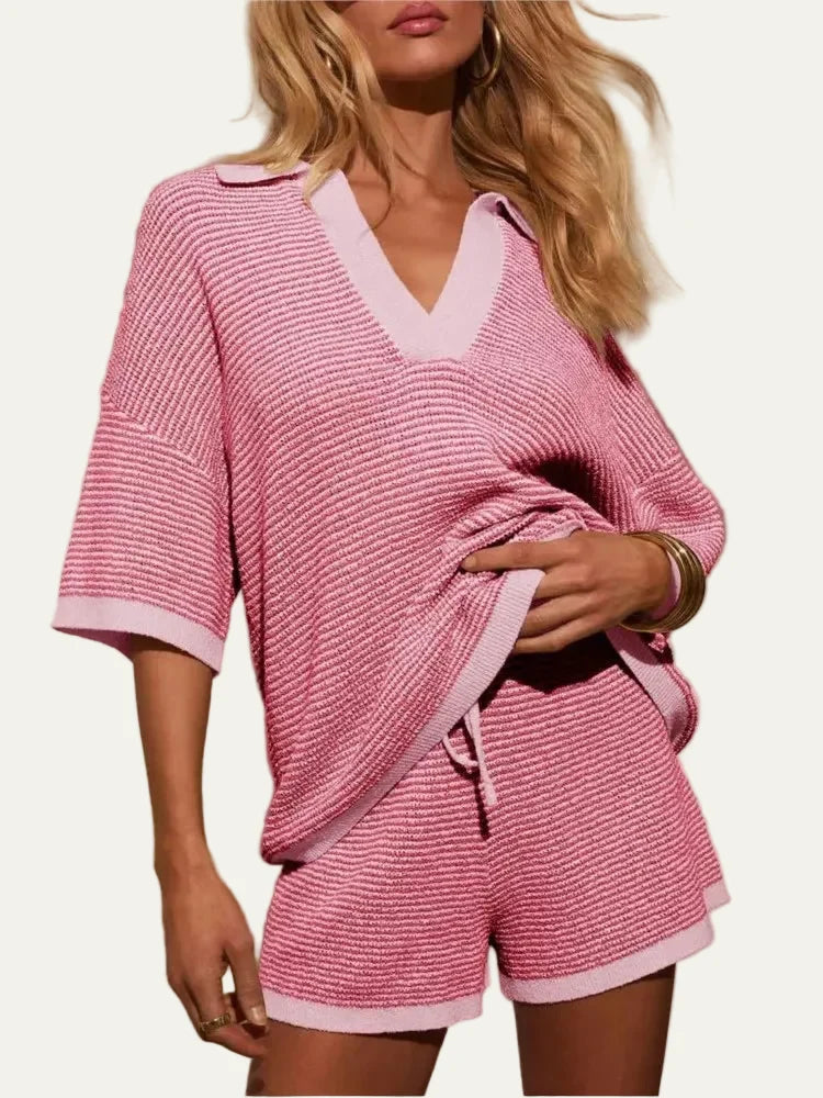 Women's Knit Two-Piece Set – V-Neck Top & Shorts