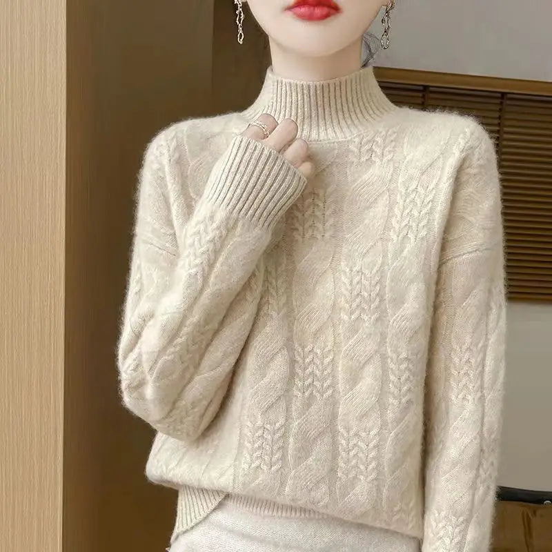 Women's Cable Knit Sweater – Half-High Collar
