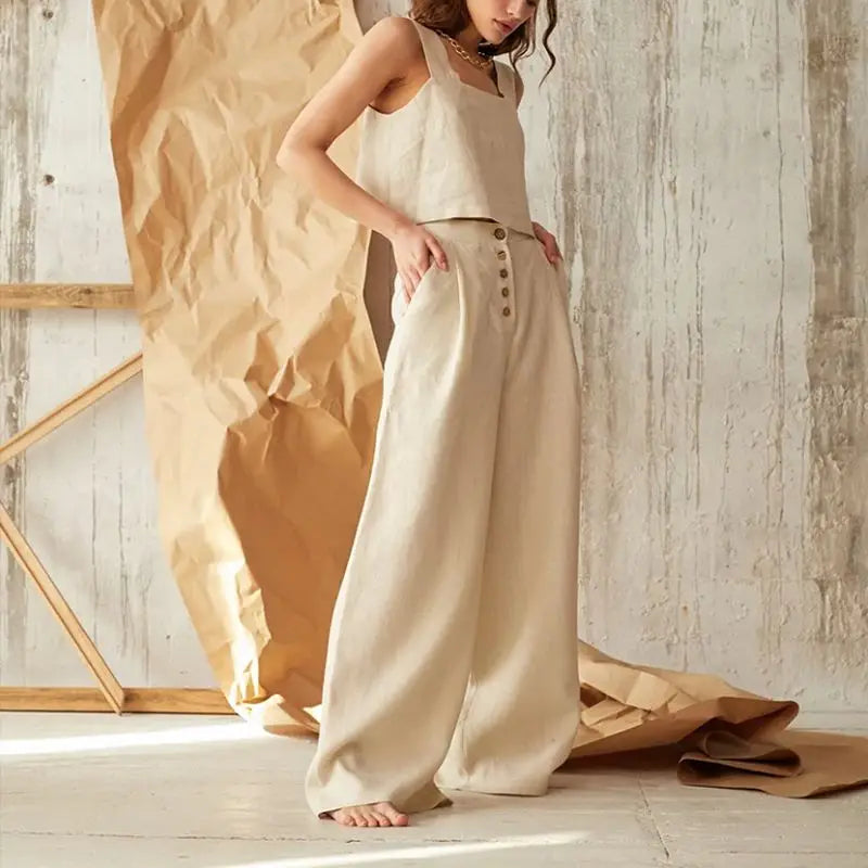 Women's Wide-Leg Cotton Pants – Ankle-Length Button Fly
