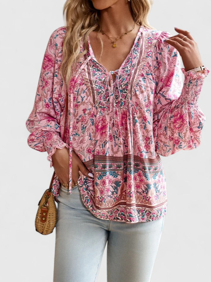 Women's Floral Peasant Top – Gathered V-Neck