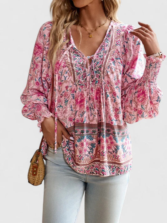 Women's Floral Peasant Top – Gathered V-Neck