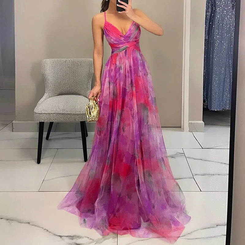 Women's Floral Mesh Maxi Dress – Fitted Bodice Tiered Skirt
