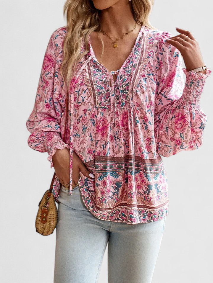 Women's Floral Peasant Top – Gathered V-Neck