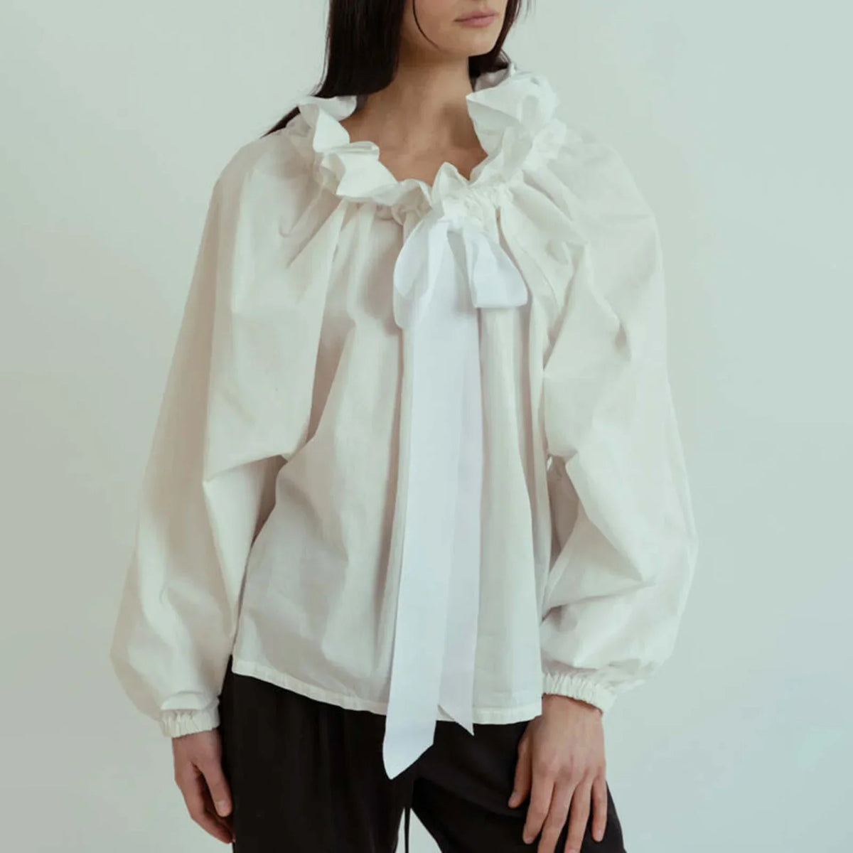 Women's Ruffled Collar Blouse – Bow Tie Lantern Sleeve