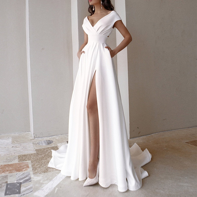Women's Maxi Evening Dress – High Slit A-Line