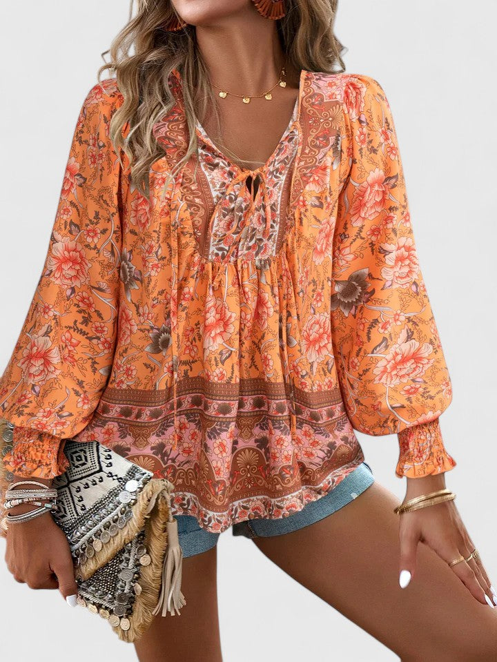 Women's Floral Peasant Top – Gathered V-Neck