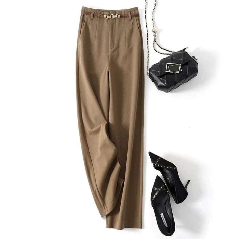 Women's Wide-Leg Wool-Blend Pants – High-Waist Belted