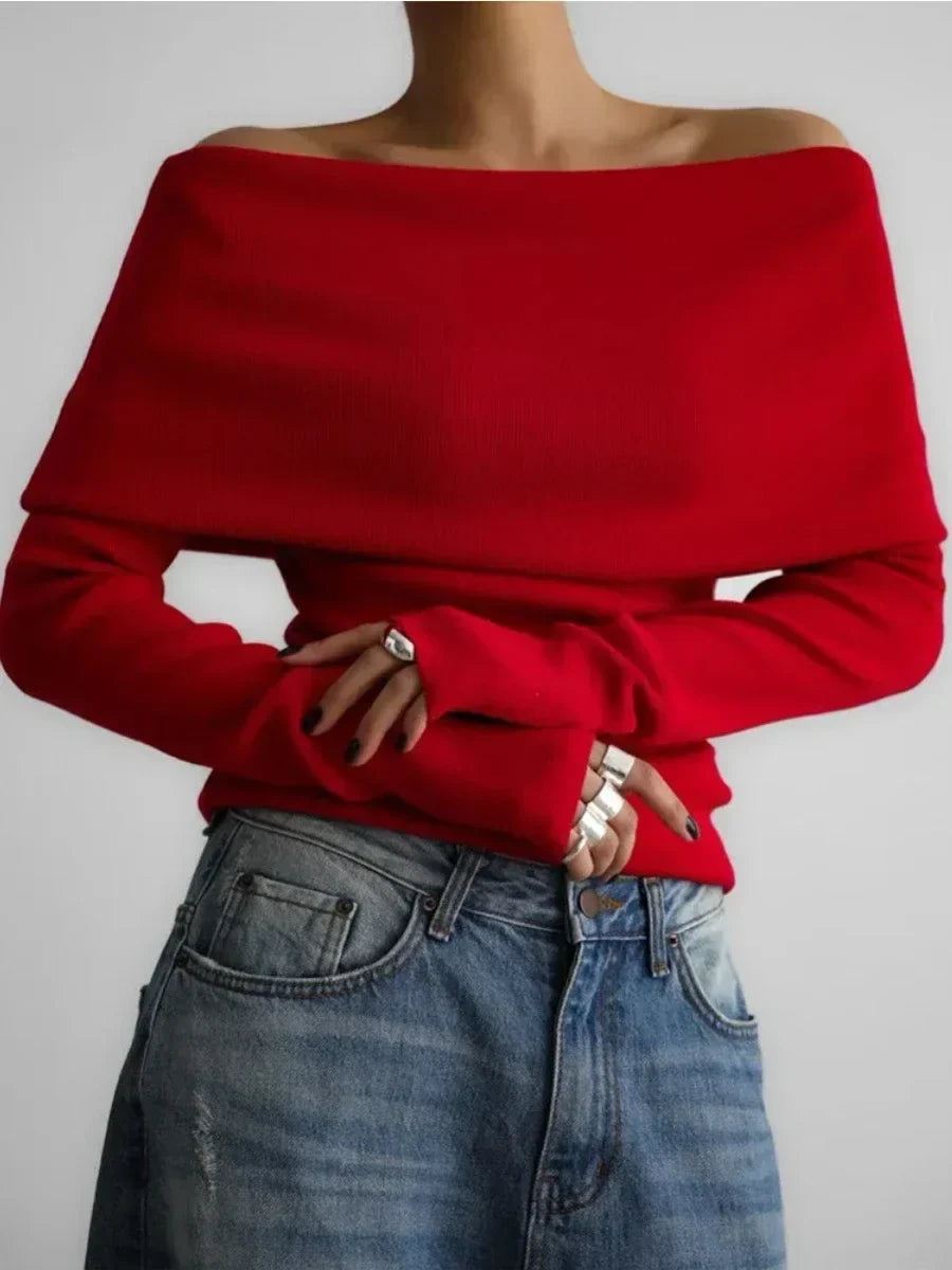 Women's Off-Shoulder Sweater – Slim Hand-Knit Texture