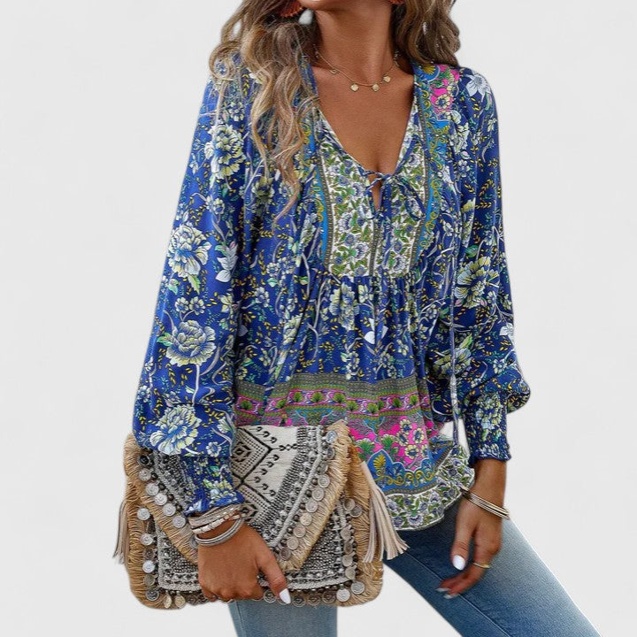 Women's Floral Peasant Top – Gathered V-Neck