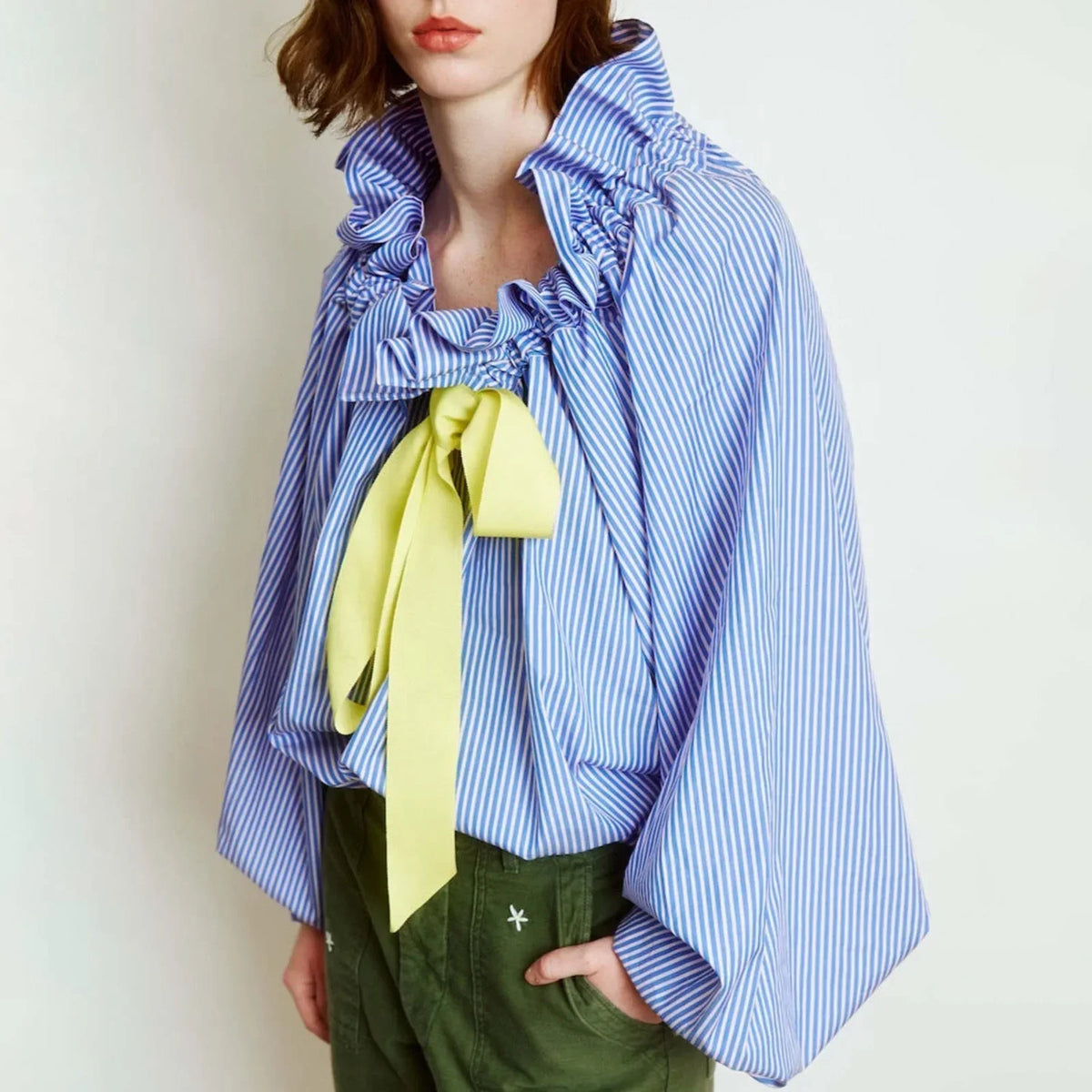Women's Ruffled Collar Blouse – Bow Tie Lantern Sleeve