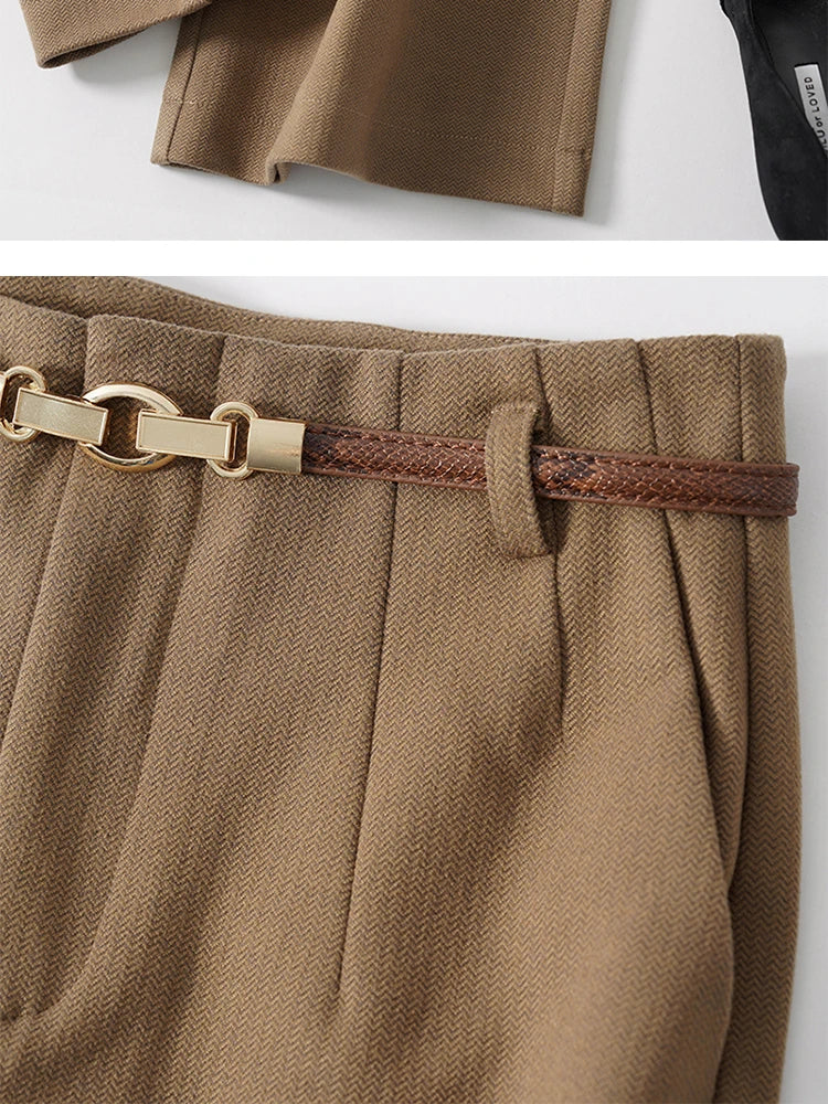 Women's Wide-Leg Wool-Blend Pants – High-Waist Belted