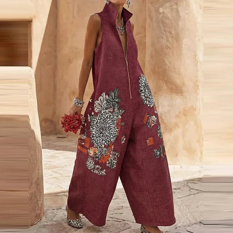 Women's Floral Wide-Leg Jumpsuit – Sleeveless Stand Collar