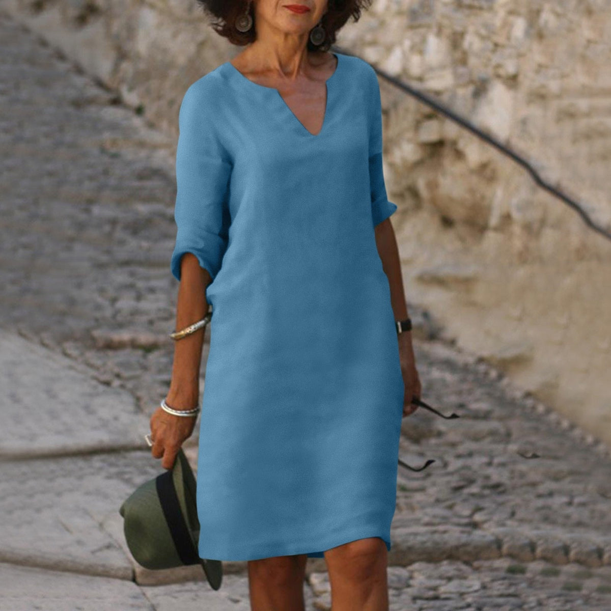 Women's V-Neck Midi Dress – Relaxed Straight Cut