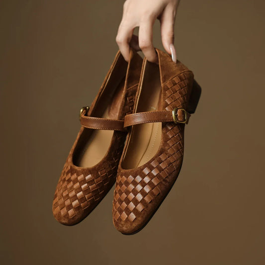 Women's Woven Leather Mary Jane Shoes – Low Block Heel