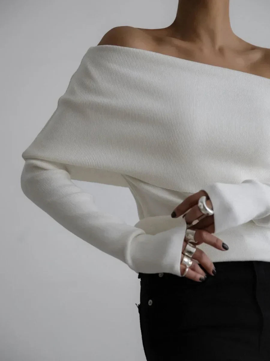 Women's Off-Shoulder Sweater – Slim Hand-Knit Texture