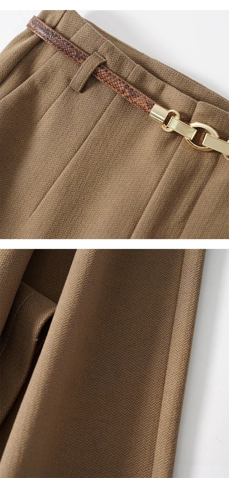 Women's Wide-Leg Wool-Blend Pants – High-Waist Belted