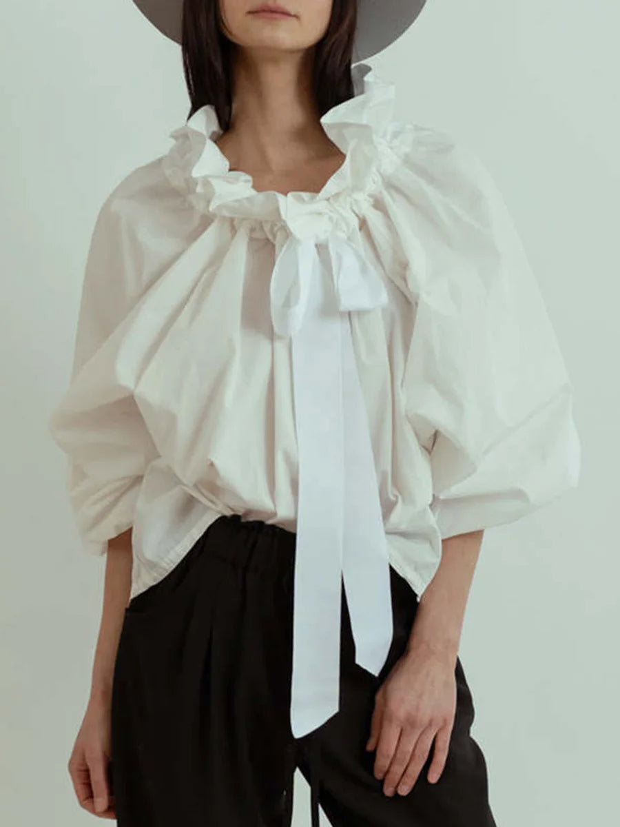 Women's Ruffled Collar Blouse – Bow Tie Lantern Sleeve