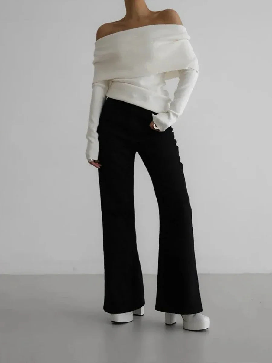 Women's Off-Shoulder Sweater – Slim Hand-Knit Texture