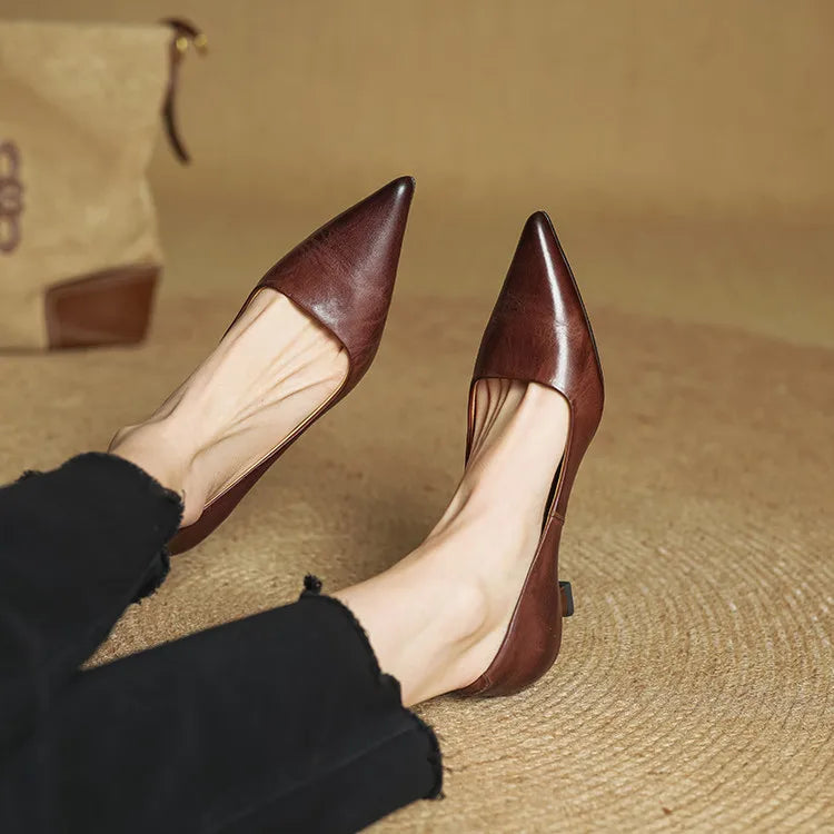 Women's Leather Kitten Heel Pumps – Pointed Toe
