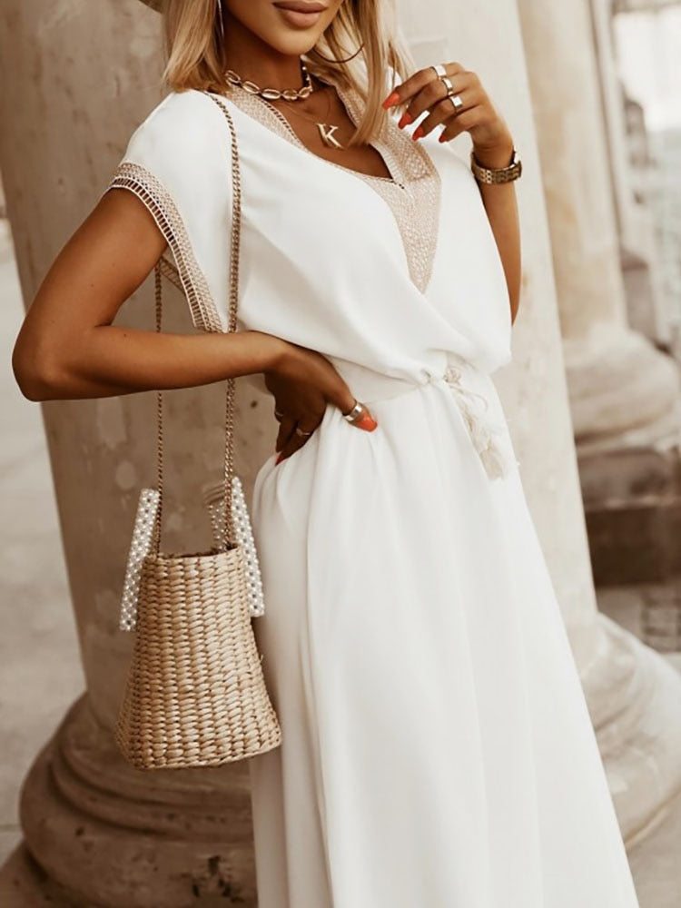 Women's Boho Maxi Dress – V-Neck Pom-Pom Trim