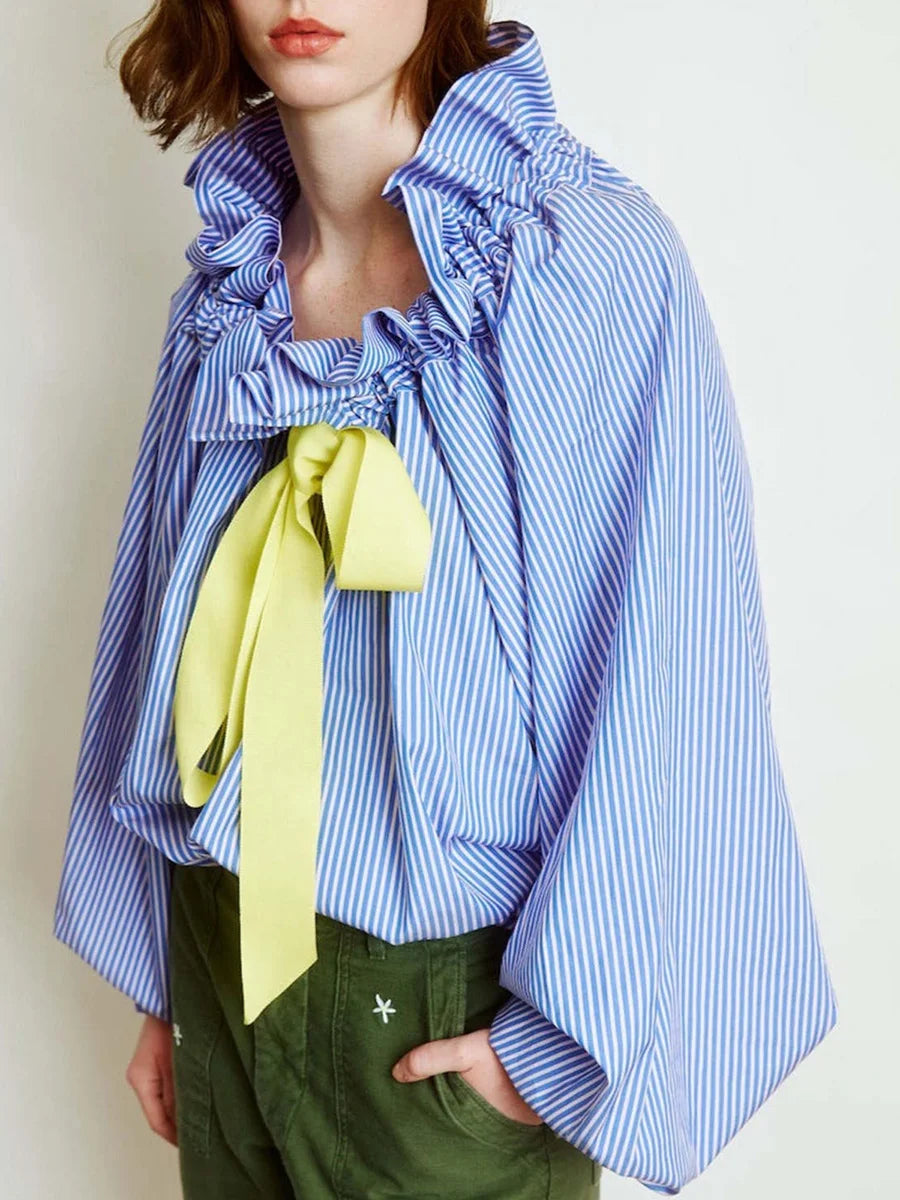 Women's Ruffled Collar Blouse – Bow Tie Lantern Sleeve
